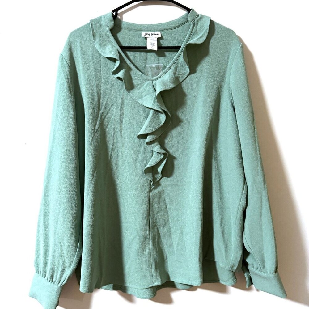 NWOT Vintage Judy Bond Size 18 Blouse Green Ruffle Long Sleeve Pullover Seafoam